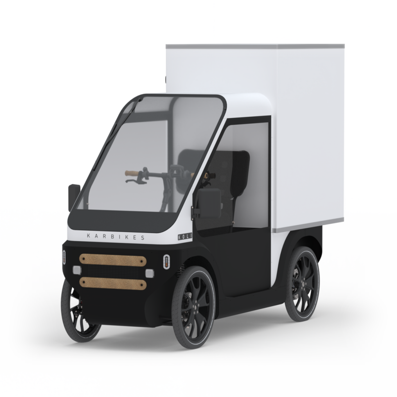 Le Karbike Koli de trois quarts, grand caisson blanc sur cabine noire.