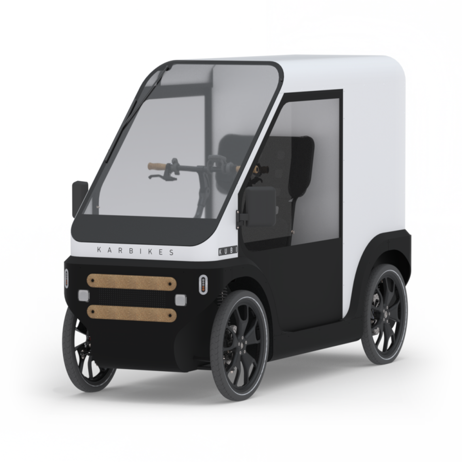 Le Karbike Kubi de trois quarts, caisson fermé blanc sur cabine noire.